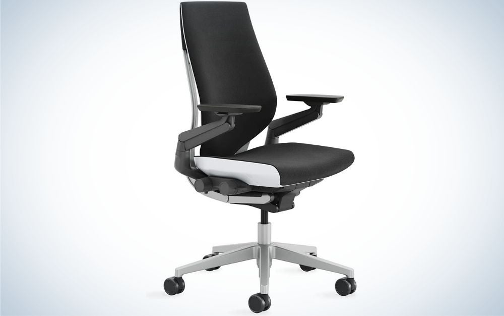 A black office chair with black sliding wheels.