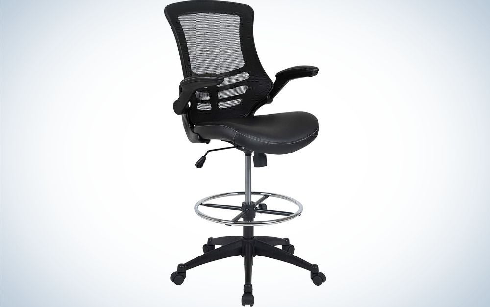 A black office chair with black sliding wheels and translucent chair support as well as a silver sphere under the seat to place your feet on.