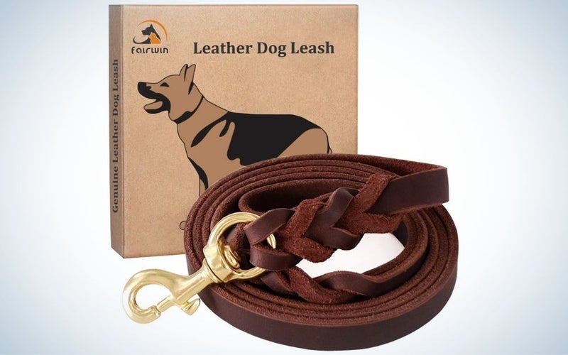 Braided, brown leather dog leash and the packing box