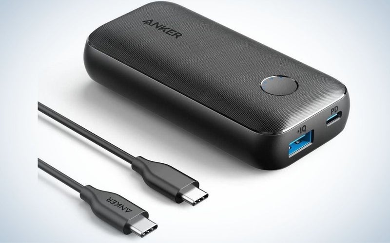 A small box which is a portable charger with a blue empty space in the end of it, and two other black plugs.