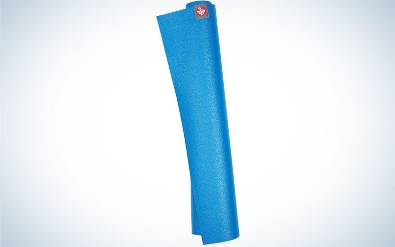 A blue collected carpet that you can set it up for yoga or various exercises.
