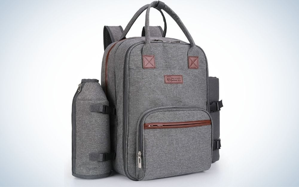 Grey picnic backpack with detachable bottle or wine holder