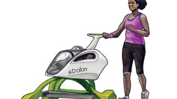 Parent in pink tank top pushing baby in a futuristic green and white stroller