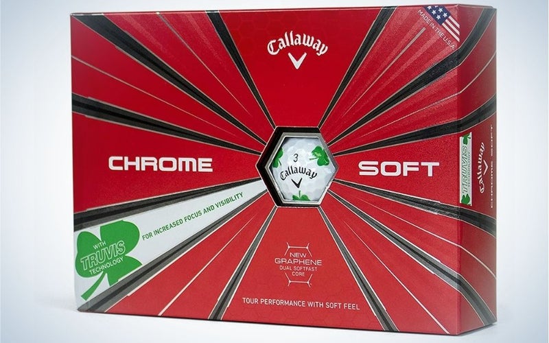 A red with black lines box with golf balls into it.