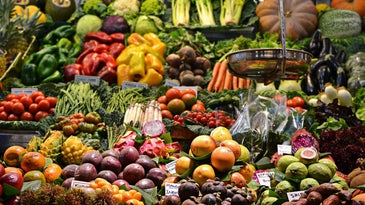 Assorted vegetables and fruit in a farmer's market