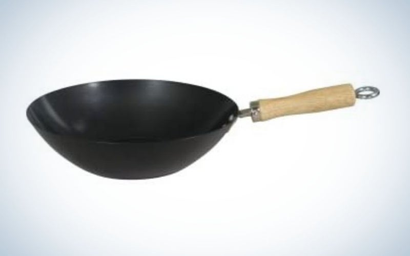 Black carbon steel wok with wood handle