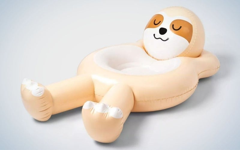 Yellow Sloth pool float with arms crossed behind the head, gift for grads who love the water
