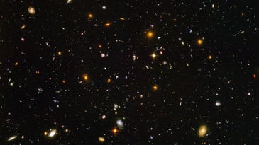 An image from the Hubble telescope showing many galaxies.