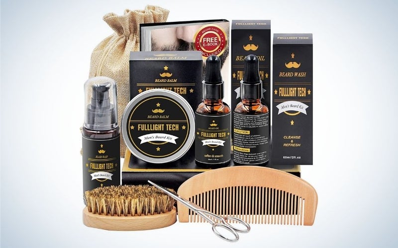 Beard kit for men including shampoo, balm, oil, beard E-book, comb, boars hair brush, and stainless steel scis-sors, storage bag