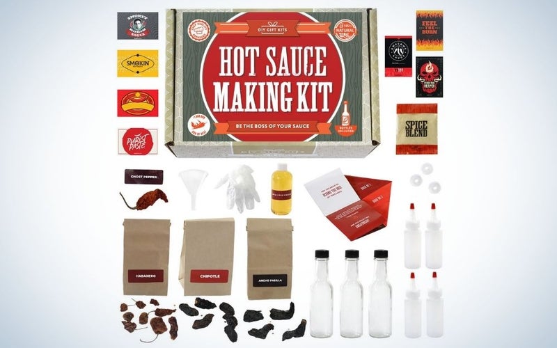 Hot sauce making kit with different spices, receipts, storing bottles, etc.