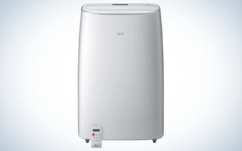 White LG portable air conditioner with remote control