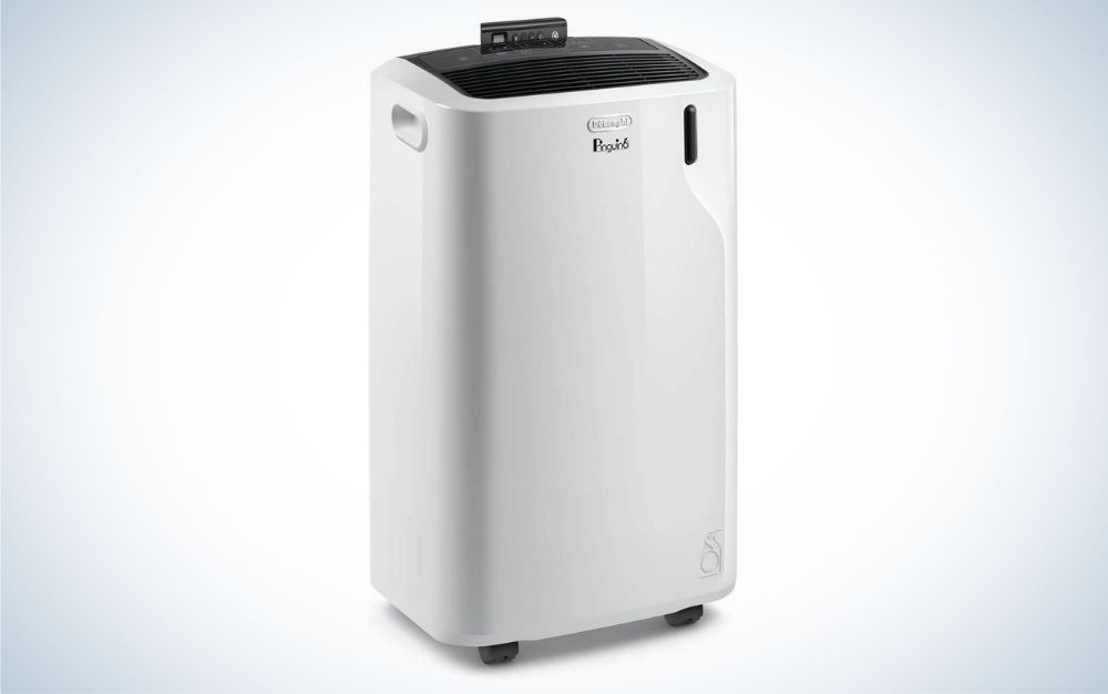 White and black portable air conditioner with black remote control
