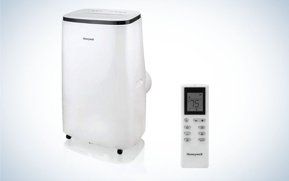 White and black portable air conditioner with remote control