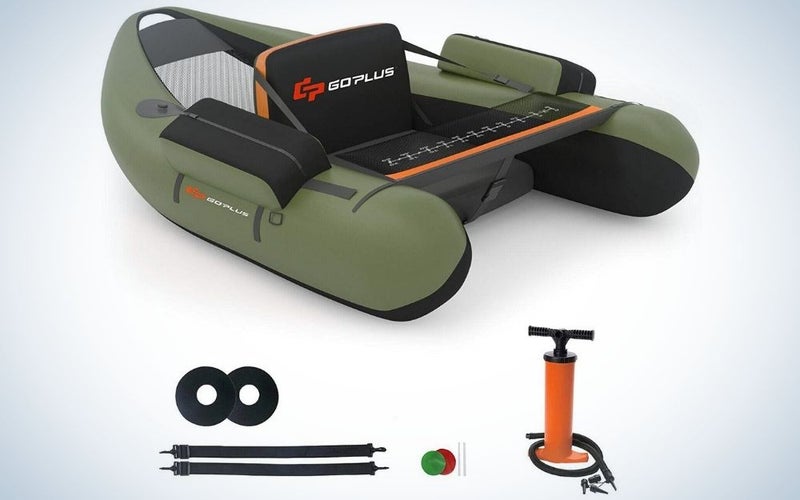 Green inflatable fishing float tube with storage pockets, fish ruler, and adjustable straps
