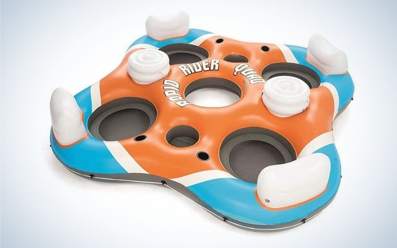 Orange, blue, and white plastic inflatable float tube for multiple people