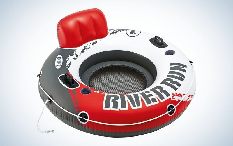 Red, white, and black inflatable float tube