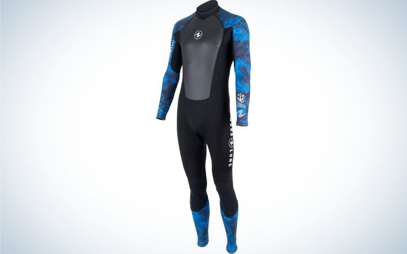A wetsuit with long sleeves and tracksuit which is in dark gray color and sleeves and knees with blue water color.