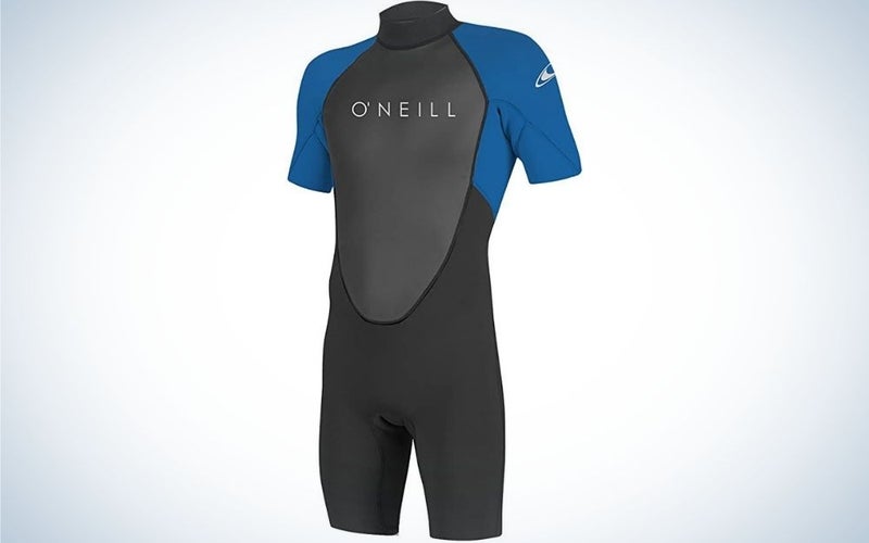 A wetsuit in short arms and short overalls all in blue, black and gray as well as with the brand name of the product.