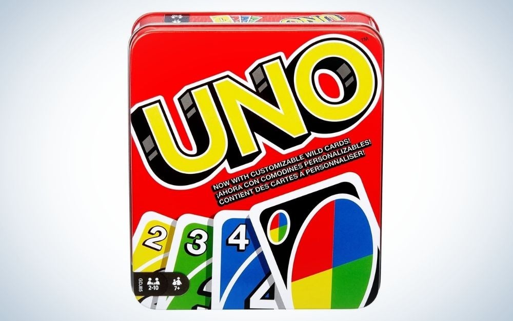 UNO family card game, with 112 cards in a sturdy storage tin for 2-4 players