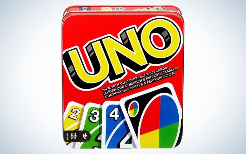 UNO family card game, with 112 cards in a sturdy storage tin for 2-4 players