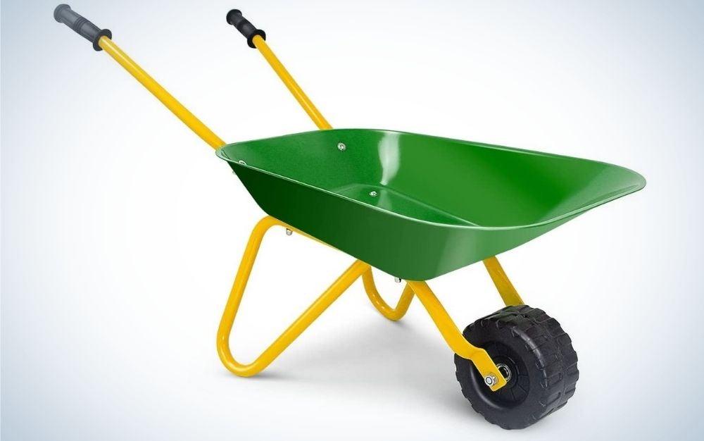A small green wheelbarrow with a black wheel and yellow structure.