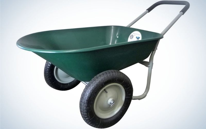 A small wheelbarrow in a green color with two black thin wheels.