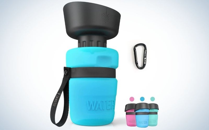 Blue and black foldable dog water bottle