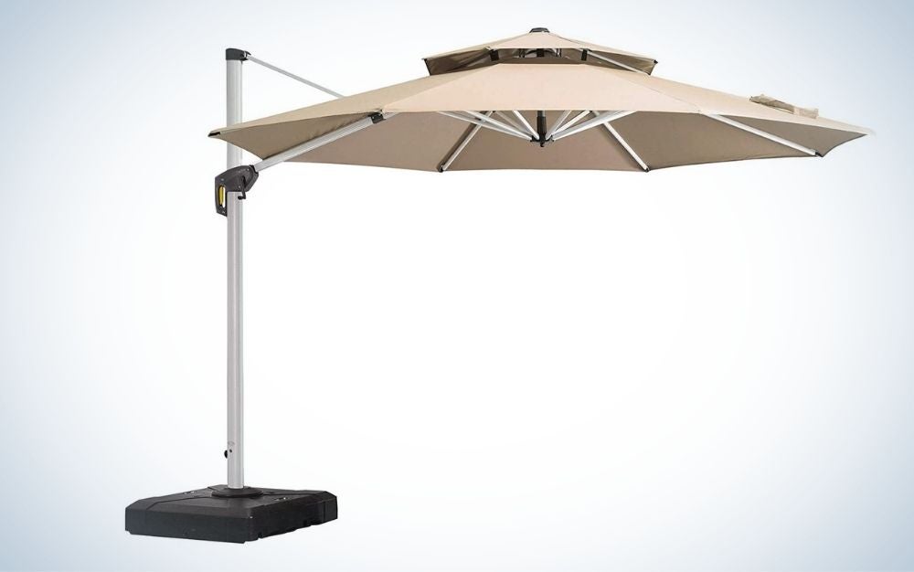 Large, beige, alloy steel frame patio umbrella