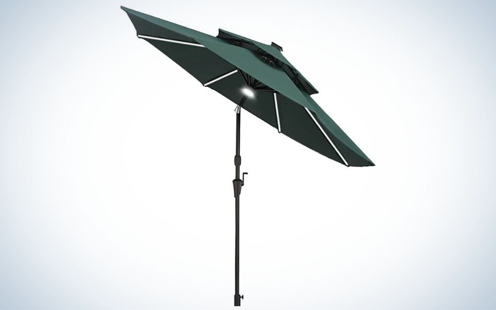 Green patio umbrella with LED strip lights and aluminum frame