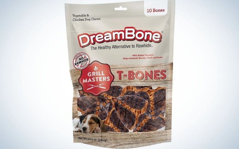 A bag of dog chews designed to look and taste like steaks.