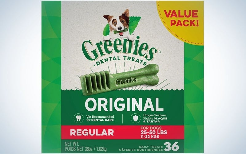 A box of chewy dog treats that are good for your canineâs oral hygiene.