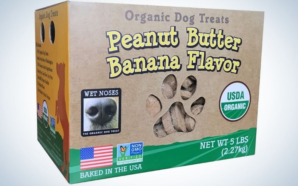 Banana and peanut butter dog treats in a brown box.
