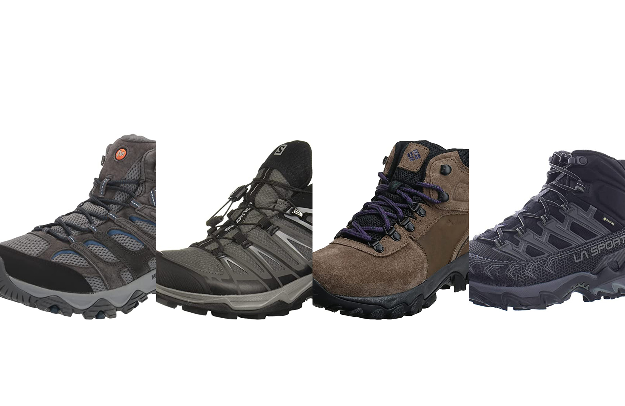 A lineup of the best hiking boots against a white background