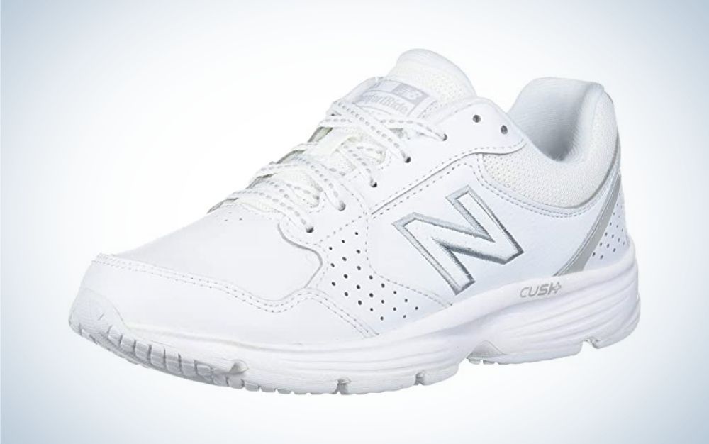 White, rubber sole New Balance walking shoes for women