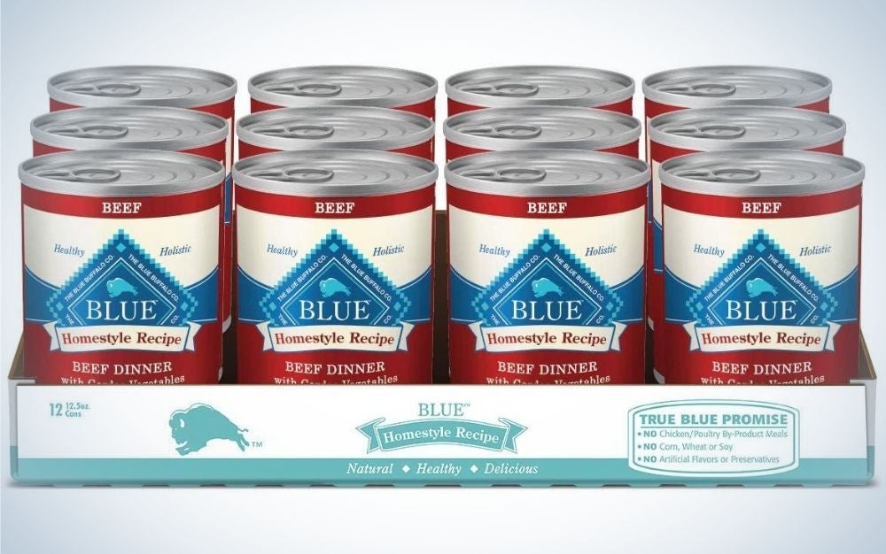 A 12 pack of cans of Blue Buffalo homestyle wet dog food