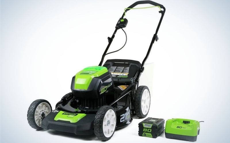 Black and green Greenworks mower