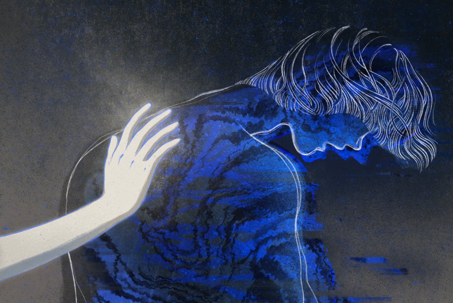 an illustration of a sad blue person with a glowing white hand reaching out to comfort them