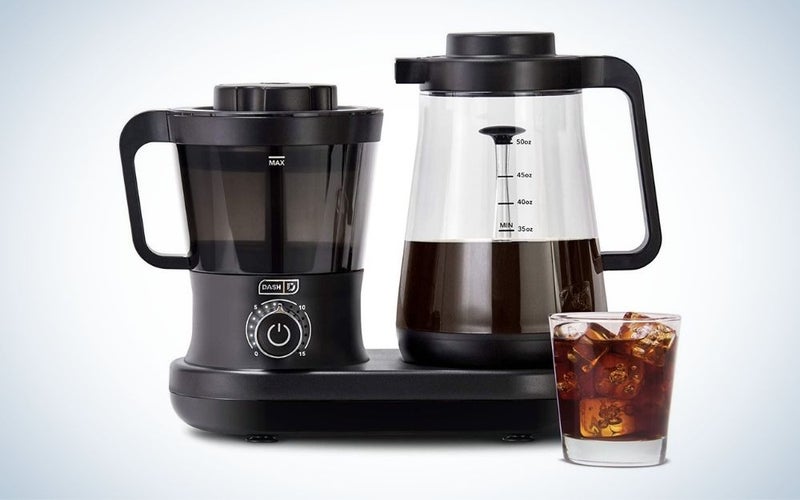 Black, plastic cold brew coffee maker with easy pour spout and carafe pitcher