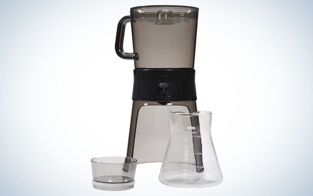 Black plastic and glass cold brew coffee maker