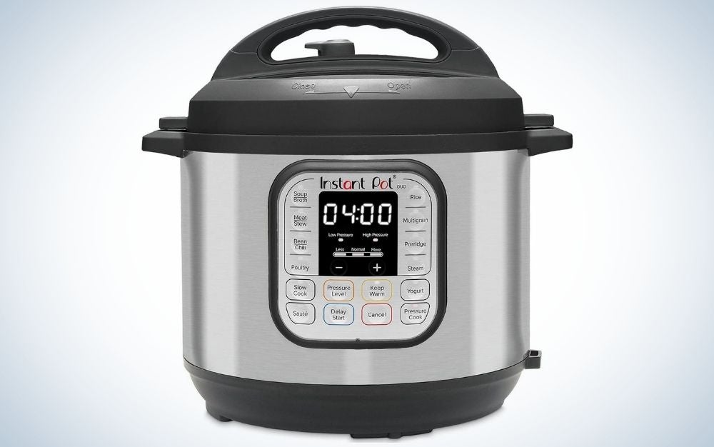Brushed stainless steel and black electric pressure cooker