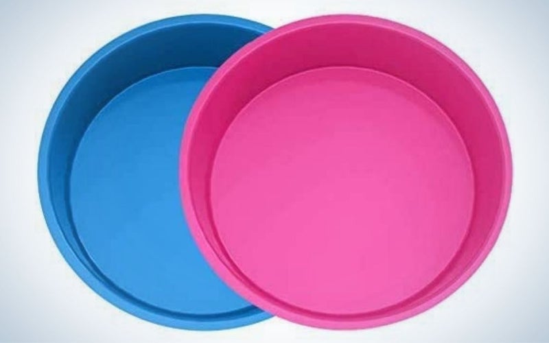 Two round cups in different colors, one blue and the other pink.