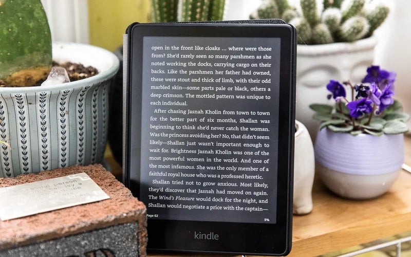 A black Kindle Paperwhite displaying text nest to some plants.