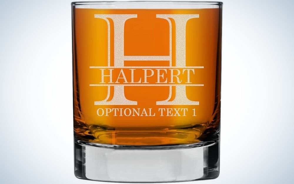 This Custom Whiskey Glass from Spotted Dog Company is a fun option for personalized Fatherâs Day gifts.