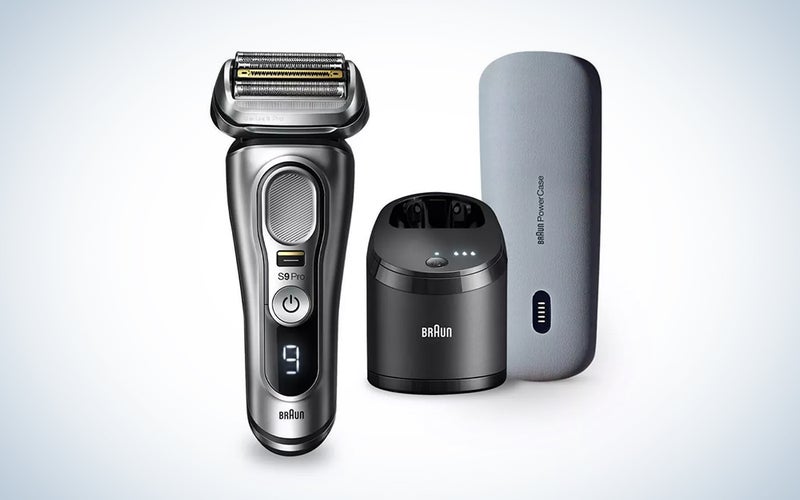 A Braun Series 9 razor on a blue and white background