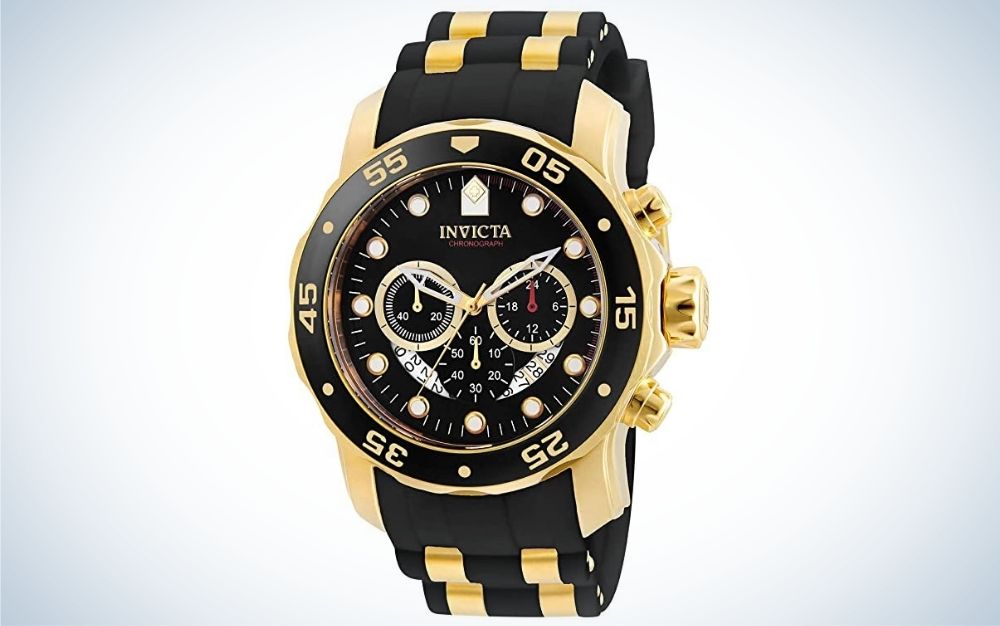 Gold tone stainless steel quartz watch with black silicone strap , gift for father's day