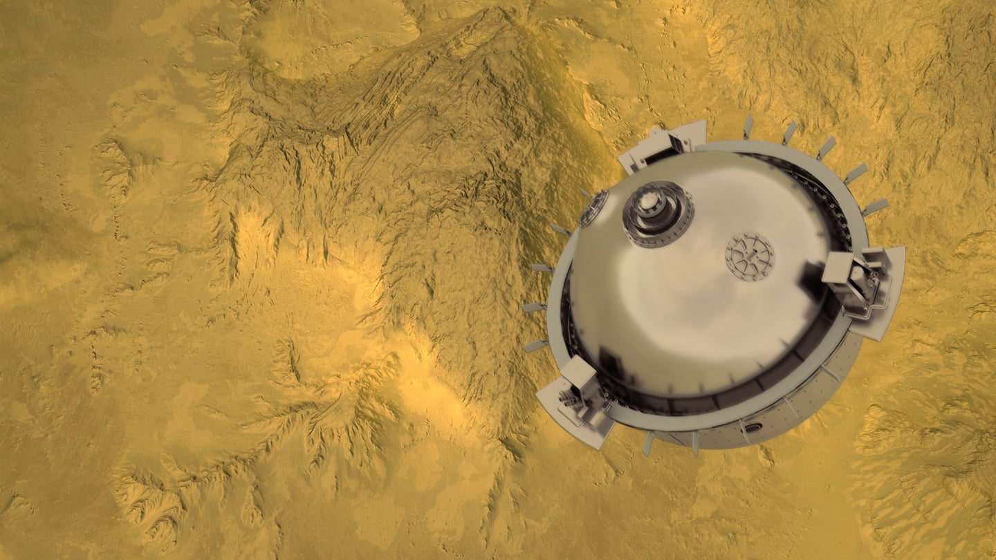 A mockup of the DAVINCI+ which will release a metal probe to fall through Venus’s atmosphere and measure its makeup.