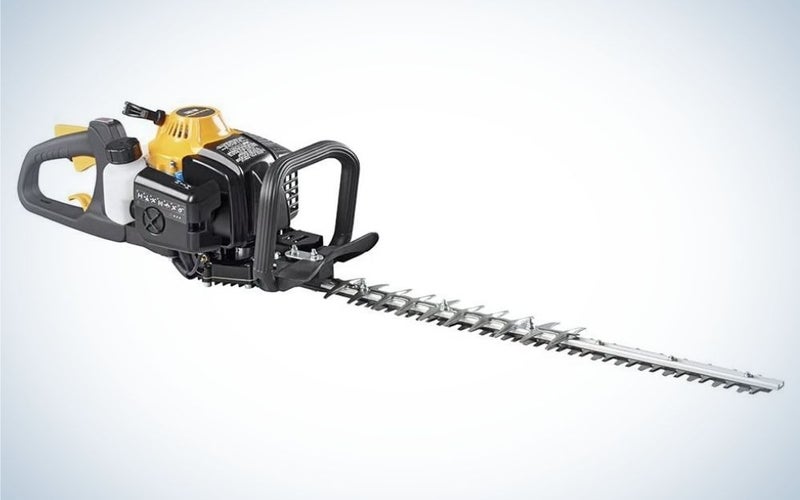 Black and yellow gas powered dual sided trimmer is the best hedge trimmer