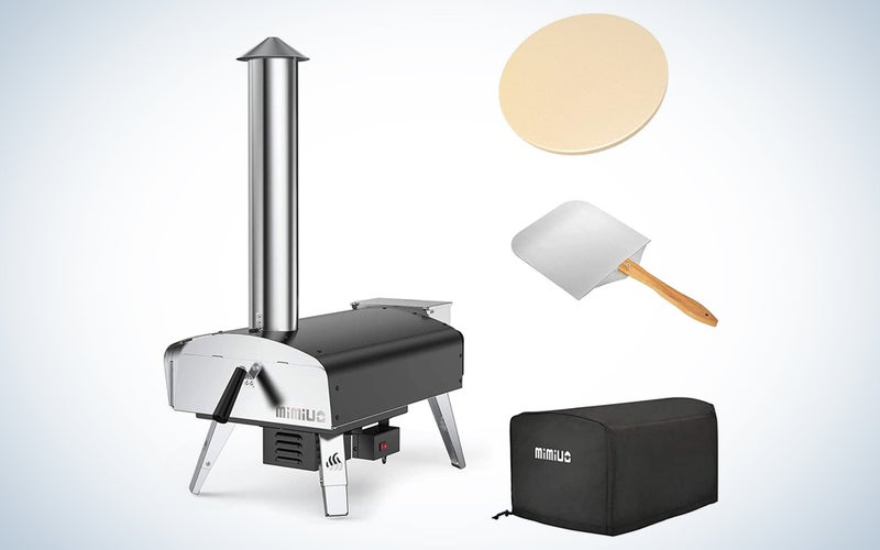 One of the best silver pizza ovens with a high stack, as well as a pizza peel, pizza stone, and carrying bag.