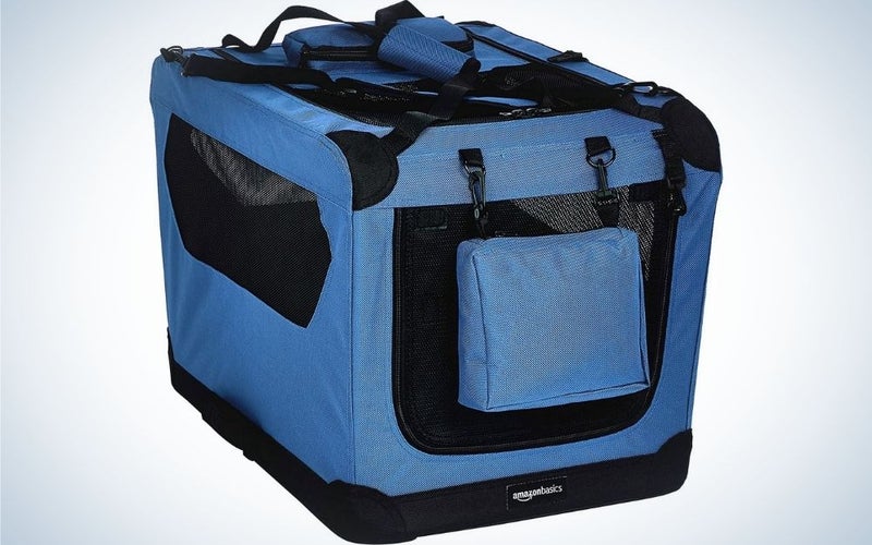 A carrying bag that serves to hold the animal in which it has pockets with side chains and is blue and black.