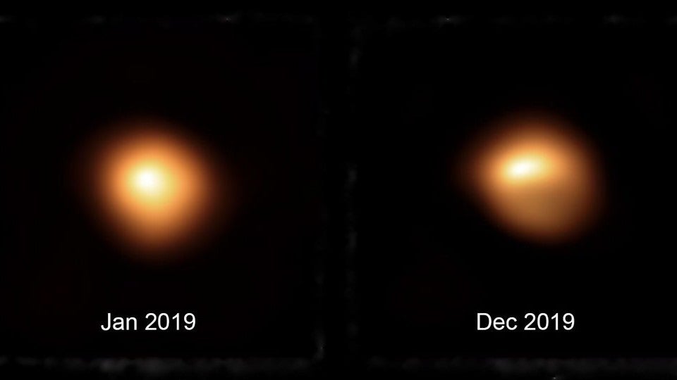 A side by side comparison of the star Betelgeuse in January and December of 2019. The star is was dimmer in December 2019.